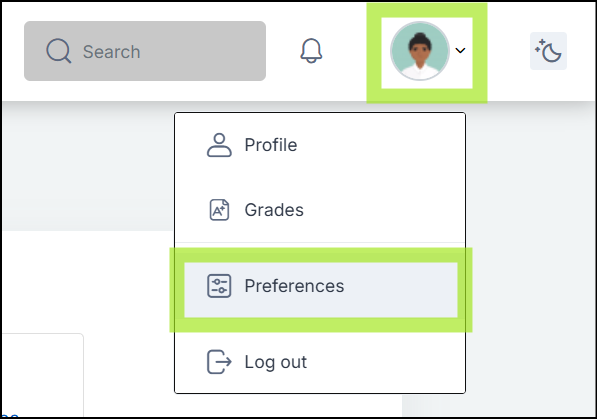 Dropdown menu showing "Profile," "Grades," "Preferences" (highlighted), and "Log out," accessed from a user avatar in the top right.