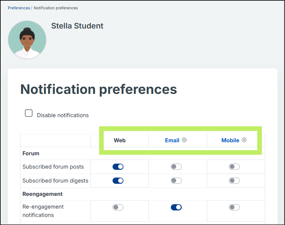 Notification preferences page showing headings for Web, Email, and Mobile options for different types of notifications.