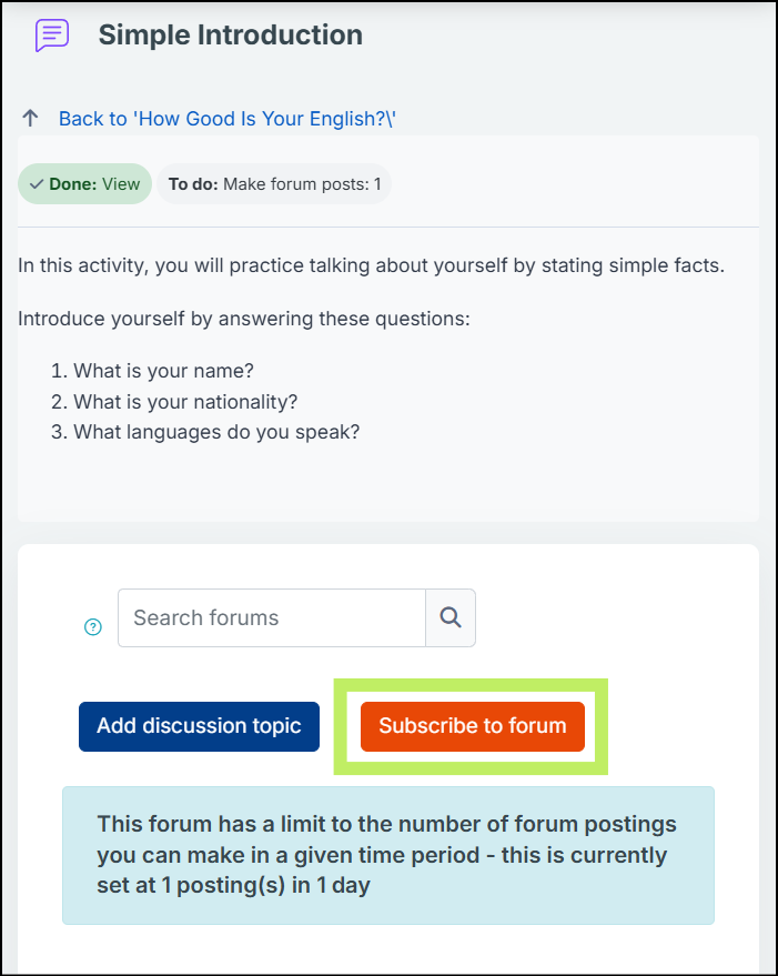 Forum page titled "Simple Introduction" showing an orange "Subscribe to forum" button highlighted below the discussion box.