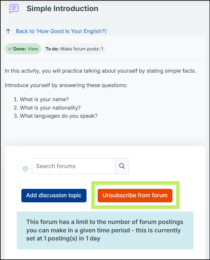 Forum page titled "Simple Introduction" showing an orange "Unsubscribe from forum" button highlighted below the discussion box.