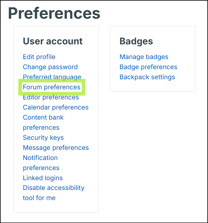 Preferences page with a "User account" section. The link "Forum preferences" is highlighted.