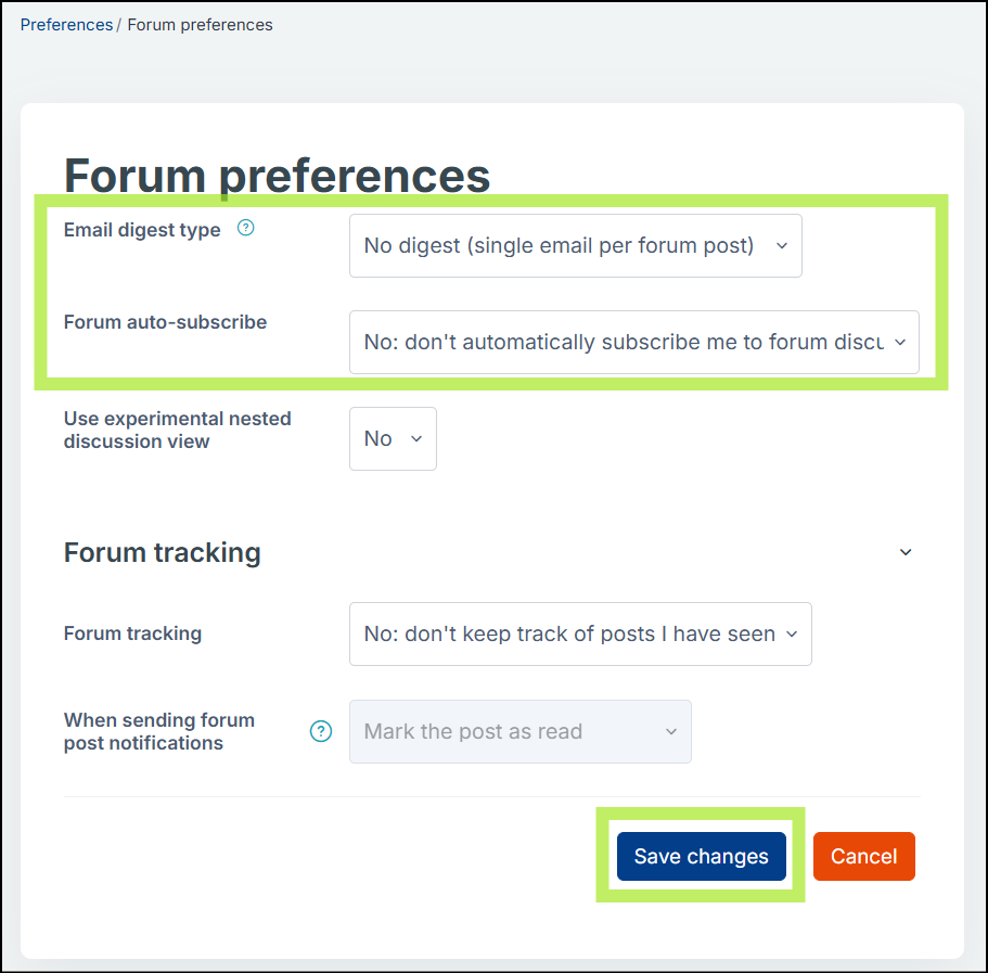 Forum preferences page with highlighted sections for "Email digest type" and "Forum auto-subscribe" settings, and a highlighted "Save changes" button.