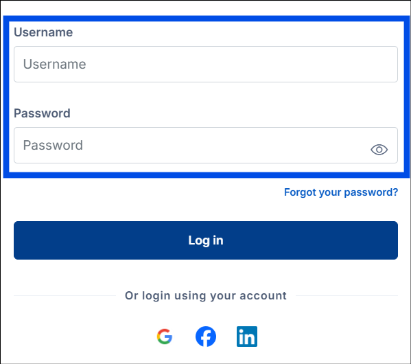 Login form with the "Username" and "Password" text entry fields highlighted in a blue box.