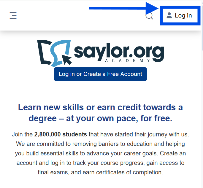 Saylor Academy homepage showing a blue arrow pointing to the "Log in" button in the top right corner.