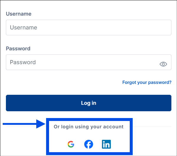 Bottom section of the login form with a blue arrow pointing to social login options for Google, Facebook, and LinkedIn.